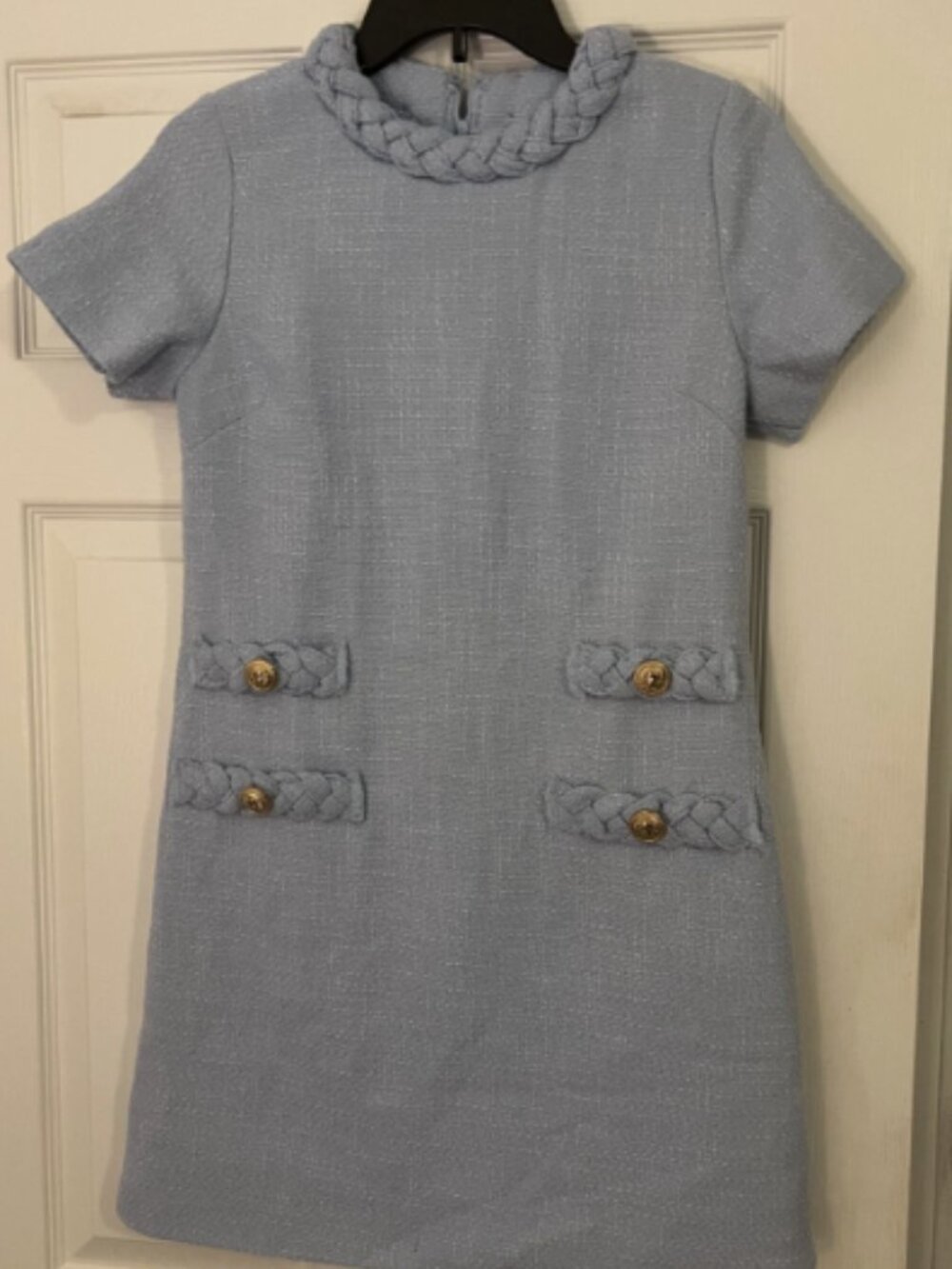 Women's Faux Tweed Shift Dress Elegant Short Sleeve Button Lt Blue XS Sample